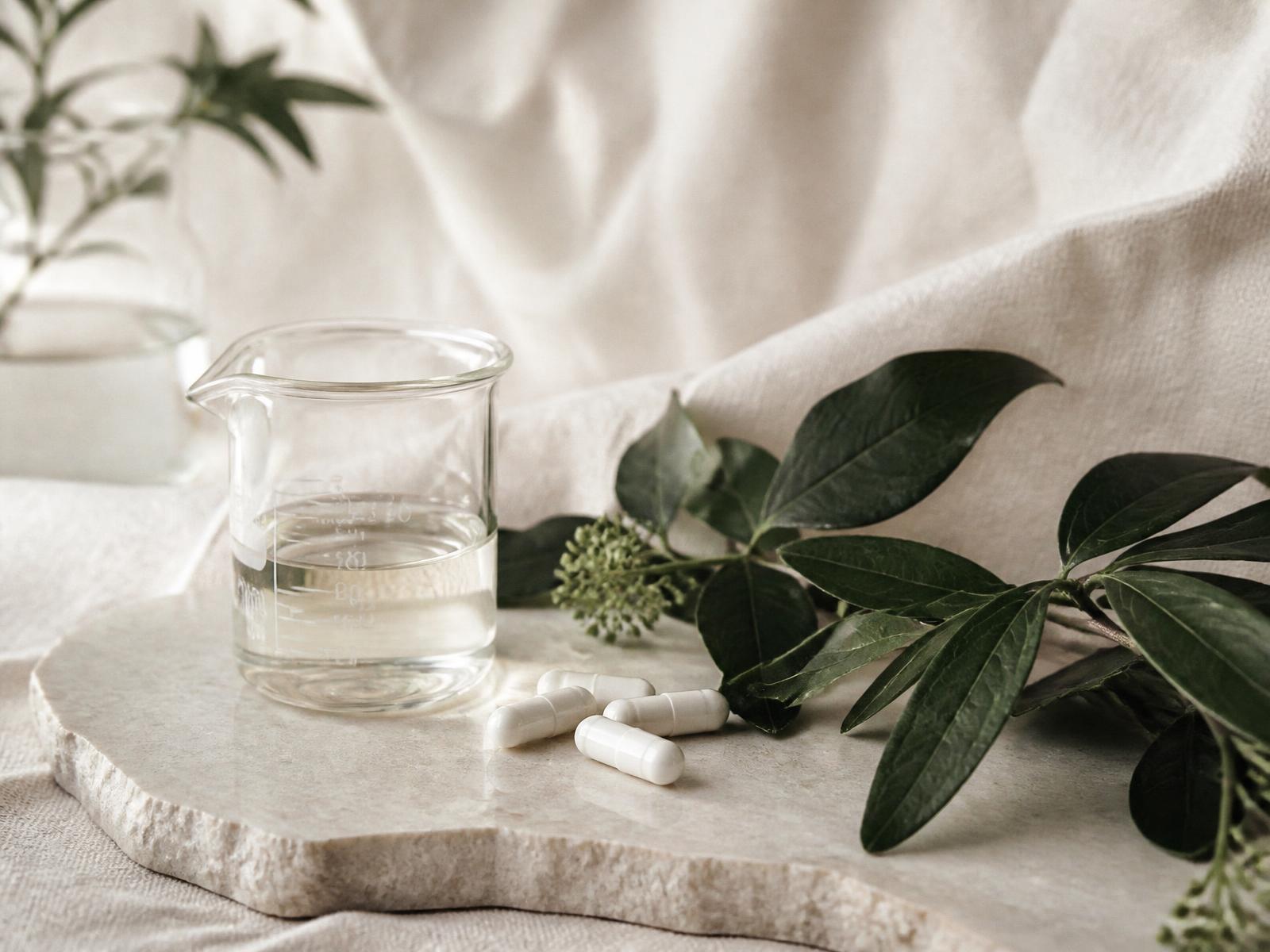 Glass laboratory beaker, botanical leaves and supplement capsules on a stone tray